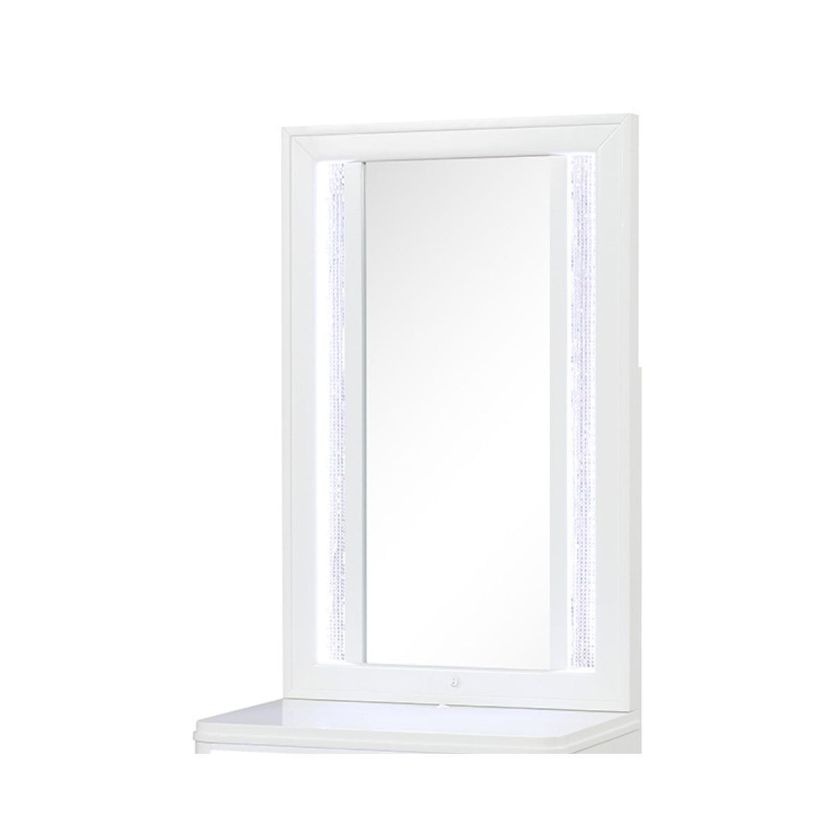 White LED vanity mirror with rectangular frame and vertical illuminated side strips.