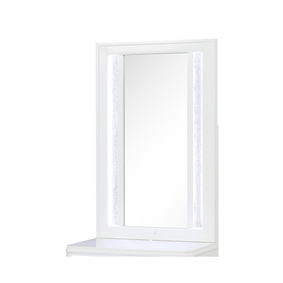 White LED vanity mirror with rectangular frame and vertical illuminated side strips.