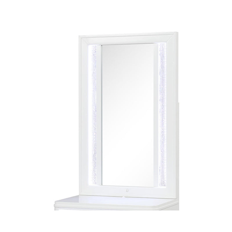 White LED vanity mirror with rectangular frame and vertical illuminated side strips.