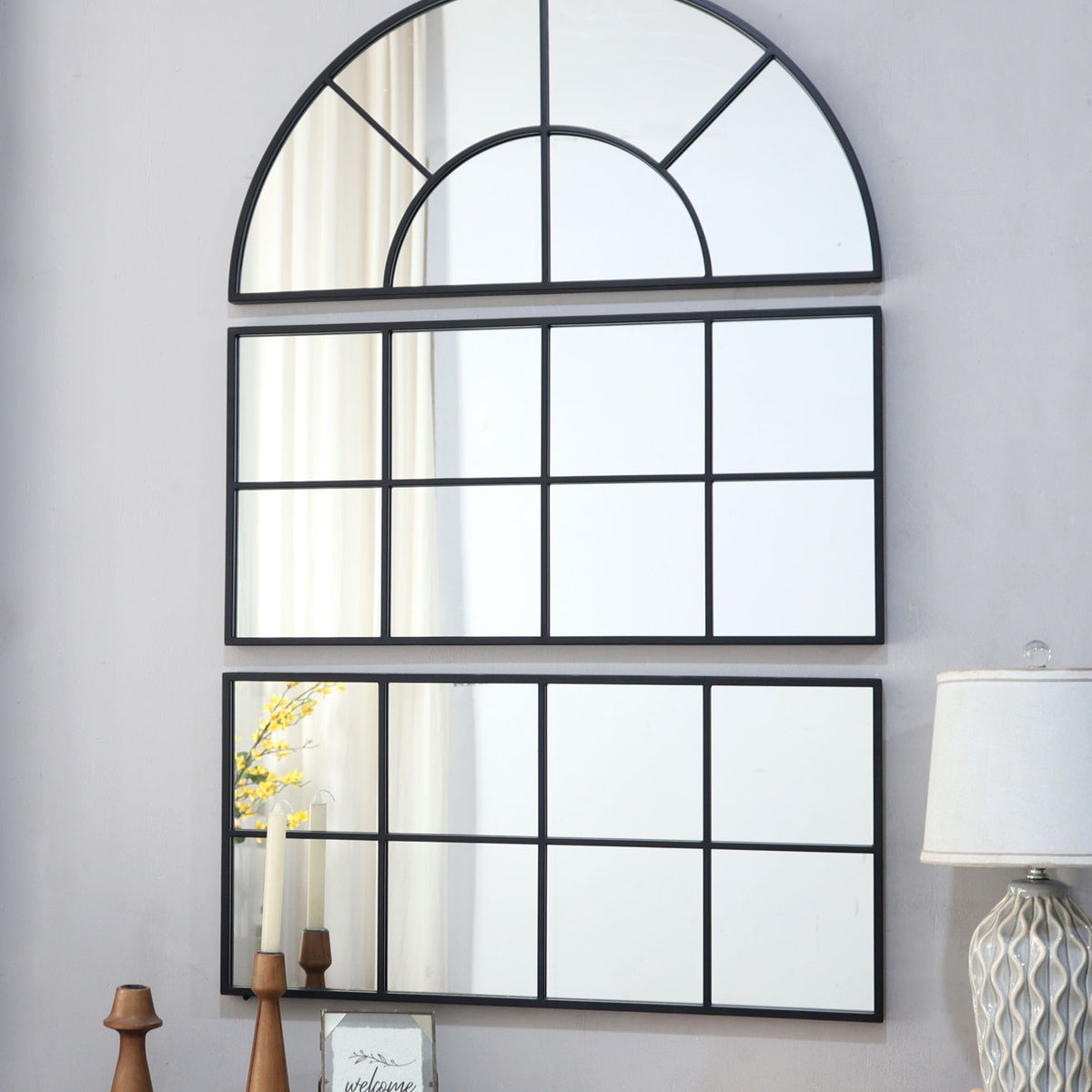 Large Arched Wall Mirror With 3 Separate Sections - Black