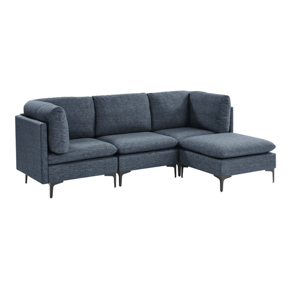Modular sectional sofa with tall legs, upholstered in dark blue-gray, corner chaise design