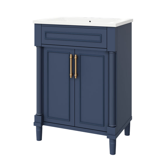 Blue bathroom vanity cabinet with integrated single sink and two front doors