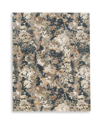 Dark gray abstract area rug with beige and light gray floral pattern