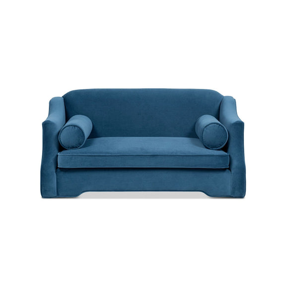 Blue dog sofa bed with plush fabric seat and rounded back and arm bolster pillows