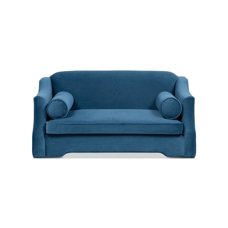 Blue dog sofa bed with plush fabric seat and rounded back and arm bolster pillows