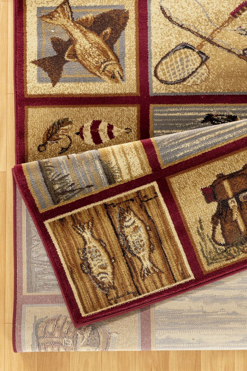 Rectangular rug close-up: cream and dark red border, framed vintage animal motif squares