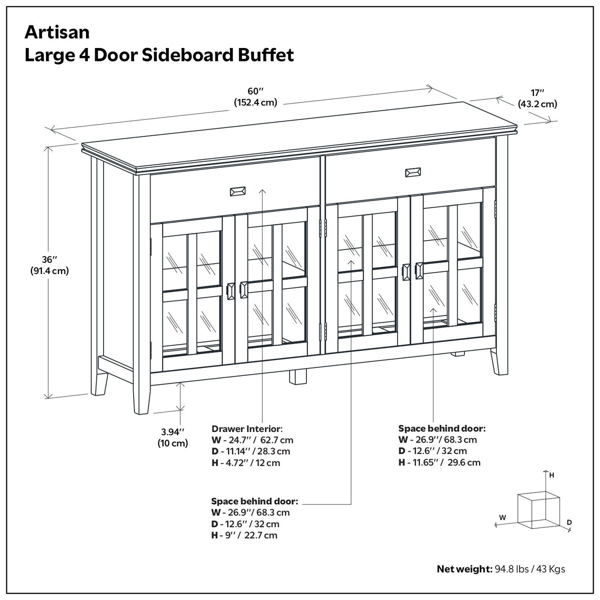 Artisan - Large 4 Door Sideboard Buffet - Brown