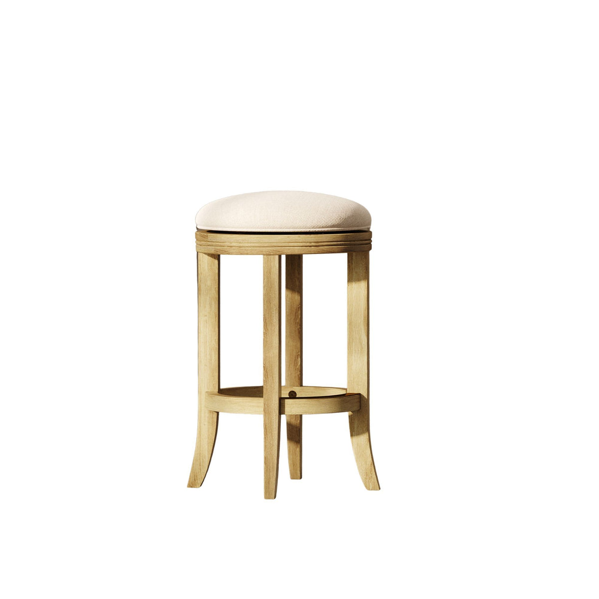 Backless swivel counter stool with upholstered beige seat and natural wood frame