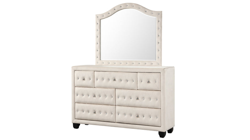 Beige 7-drawer upholstered dresser with arched mirror and button-tufted front