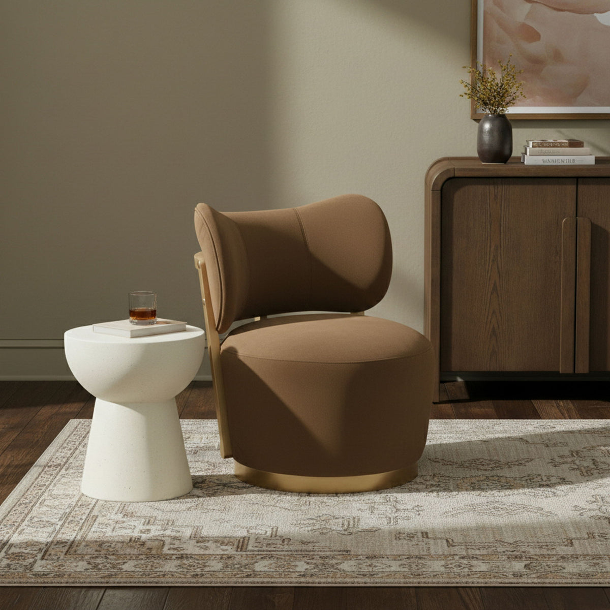 Elara - Velvet Upholstered Swivel Accent Chair - Saddle / Stained Natural