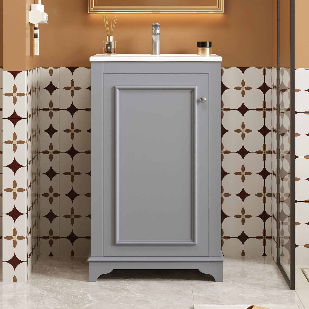 Bathroom vanity with sink, closed single door cabinet in light gray finish