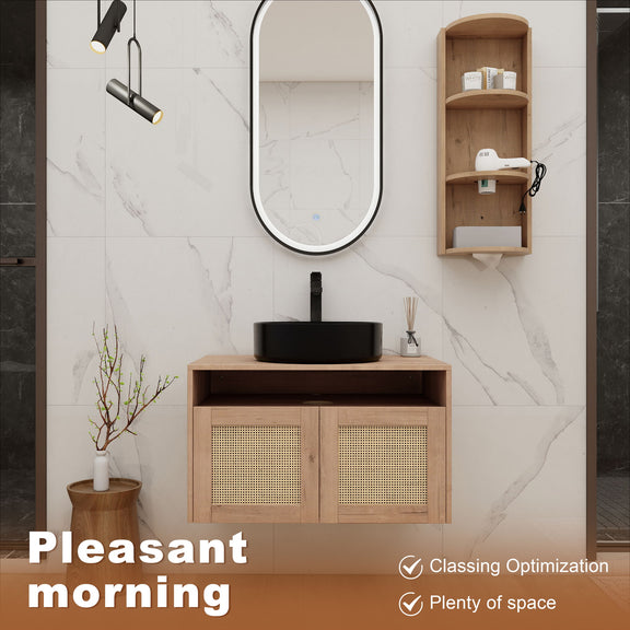 Bathroom vanity with single black vessel sink, rattan cabinet doors, and wall storage niche.