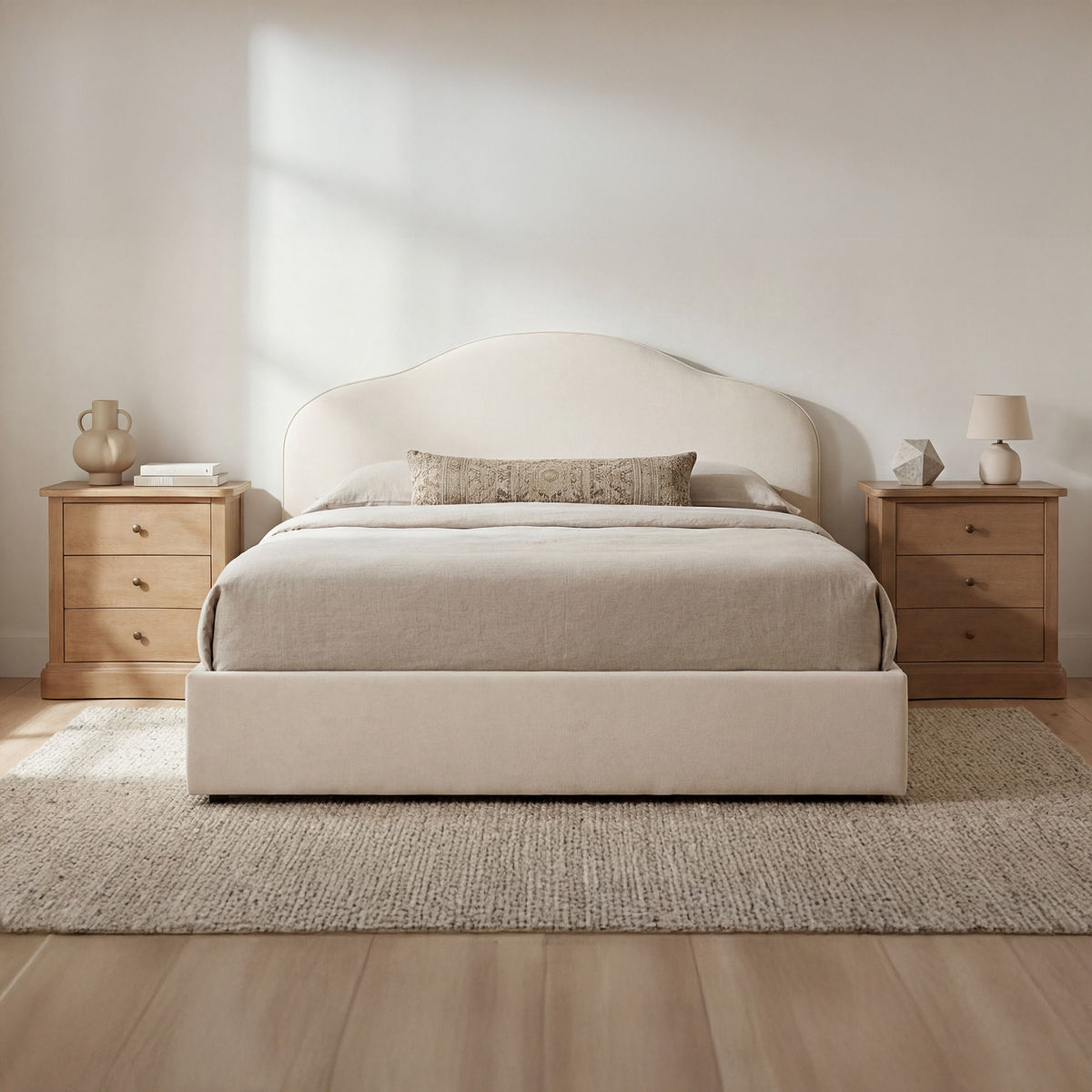 Cream upholstered queen storage bed with arched headboard and bed frame