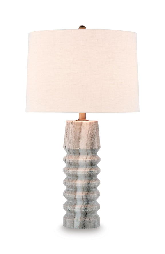 Desmont marble table lamp with beige fabric shade and gray stone base