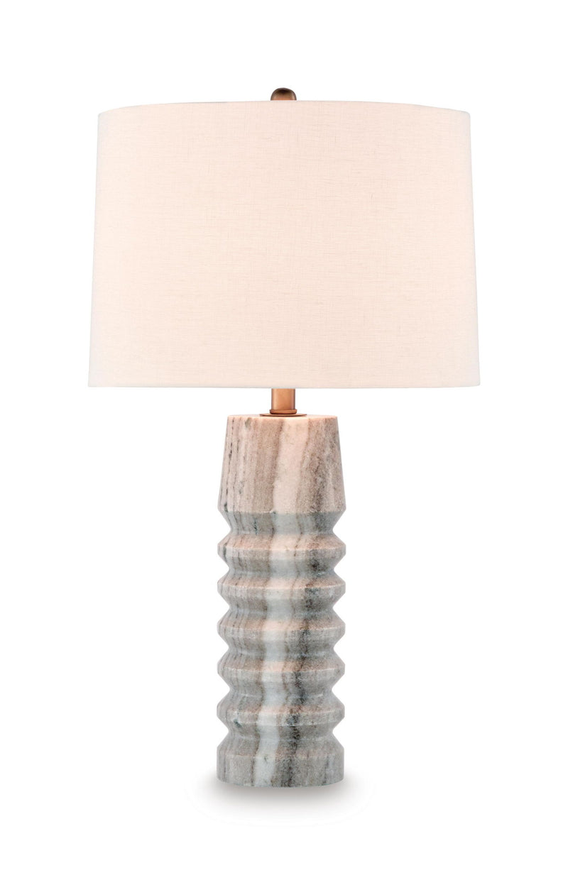 Desmont marble table lamp with beige fabric shade and gray stone base