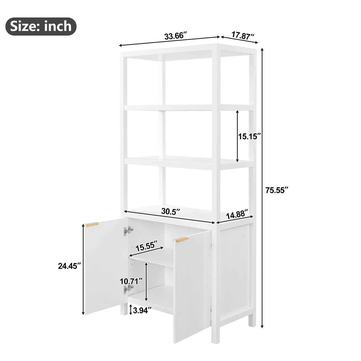White storage cabinet bookcase with open shelves and double doors, shown with size dimensions