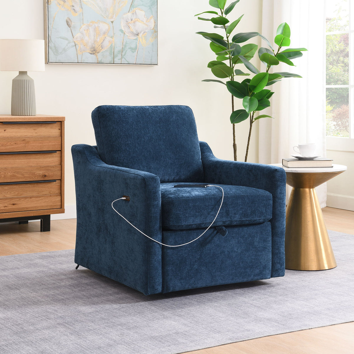 Blue swivel accent armchair shown from angle with protective cords across seat
