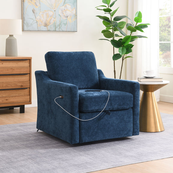 Blue swivel accent armchair shown from angle with protective cords across seat