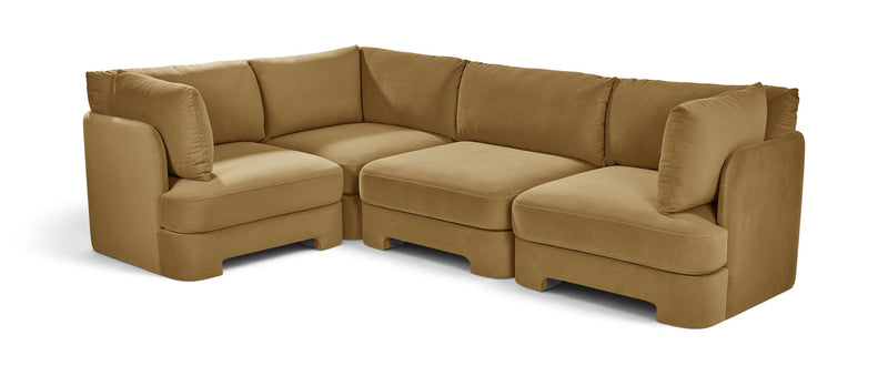 Tan velvet sectional sofa with padded chaise corner and matching seat and back cushions