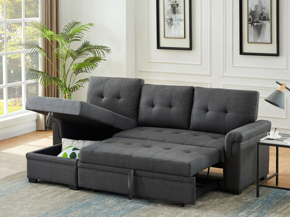 Dark gray reversible sleeper sectional sofa with storage chaise, pull-out sleeper