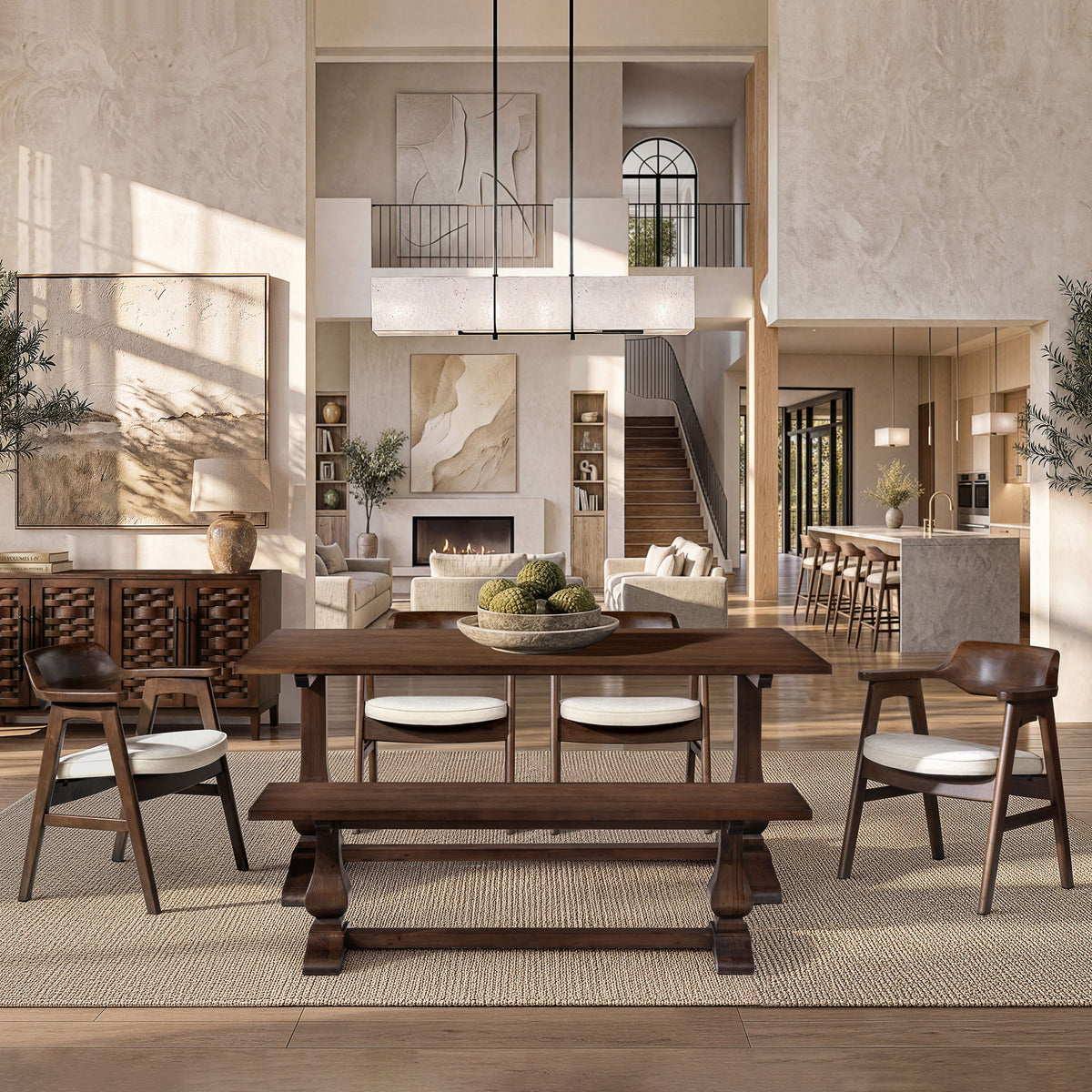 Light beige upholstered dining arm chair with curved back and dark wood frame