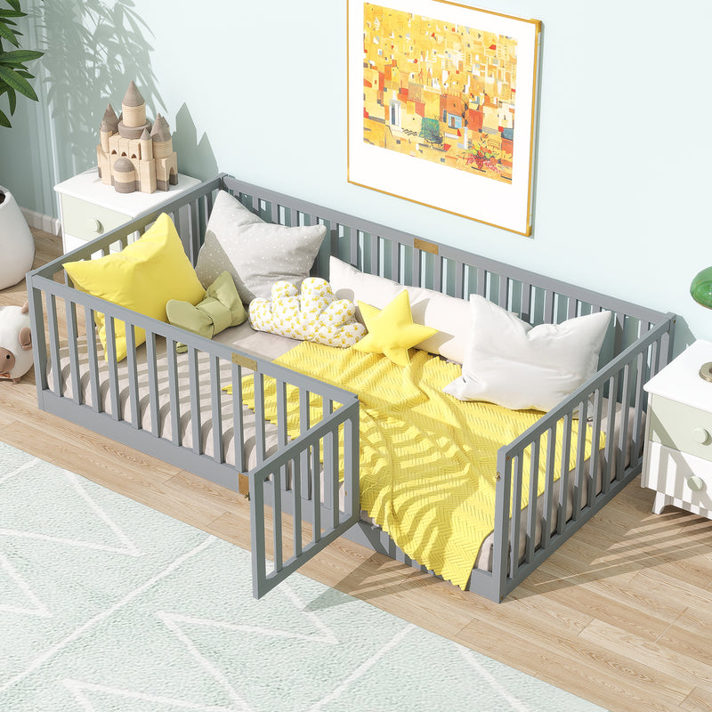 Twin Size Floor Bed with High Fence Railings, with Door, Rubber Wood Floor Bed with Safety Guardrails, Grey