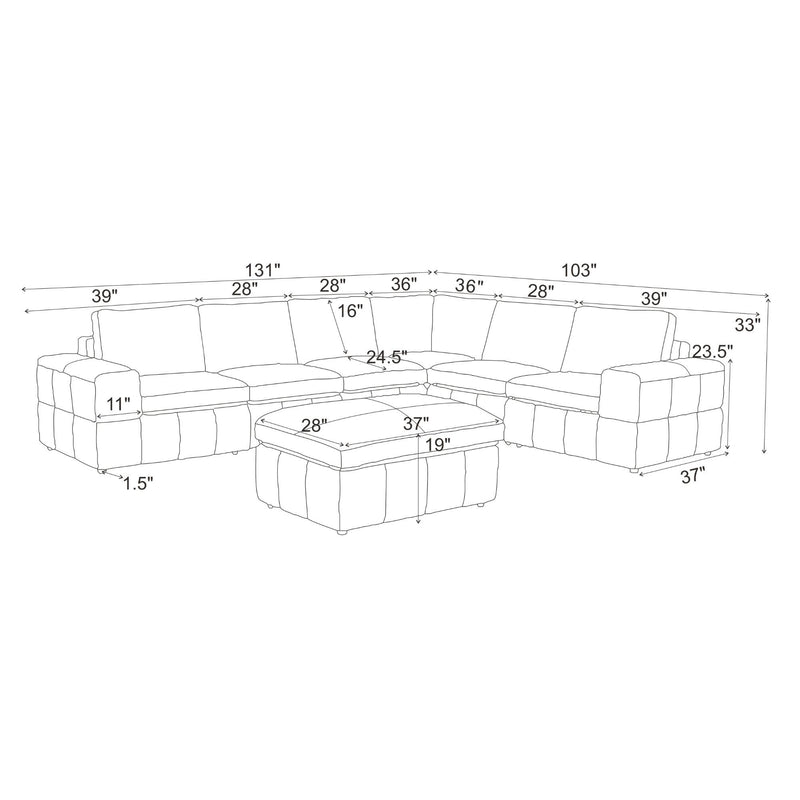 Modular sectional sofa layout with labeled dimensions and ottoman seating