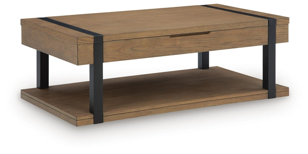 Light brown coffee table with black legs, flat top, and lower storage shelf.