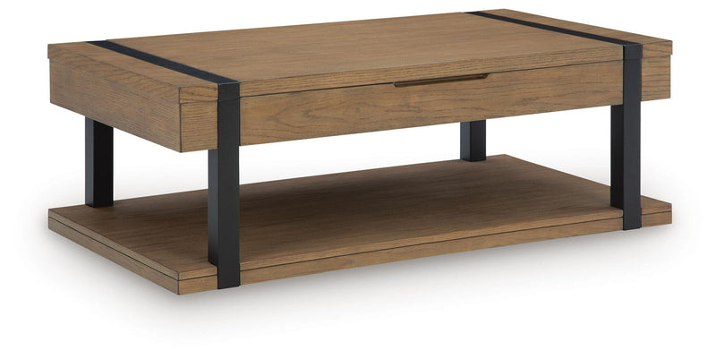Light brown coffee table with black legs, flat top, and lower storage shelf.