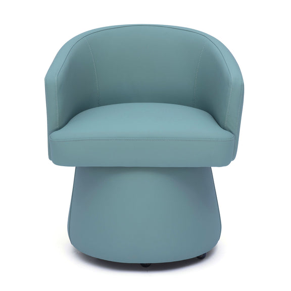 Light blue faux leather desk chair with rounded back, cushioned seat, and swivel base