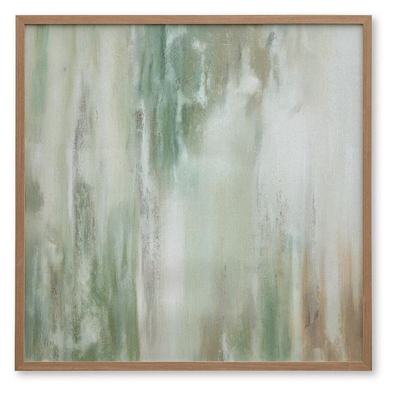 Daybourne vertical abstract wall art with pale green streaks and white wash, wood frame