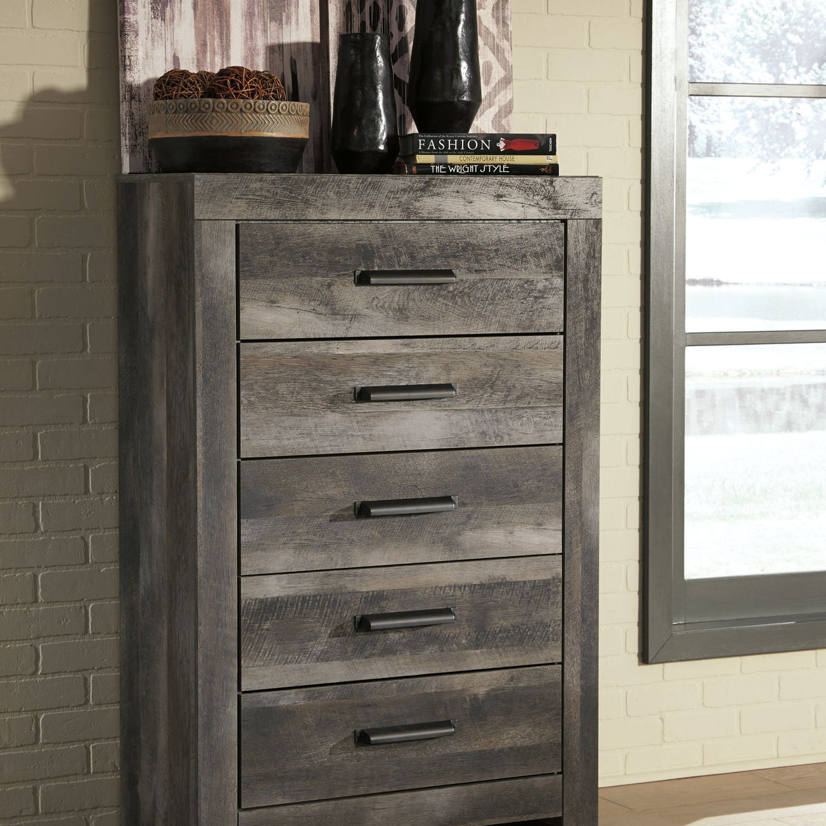 Gray five-drawer chest with black bar handles, full front drawer stack