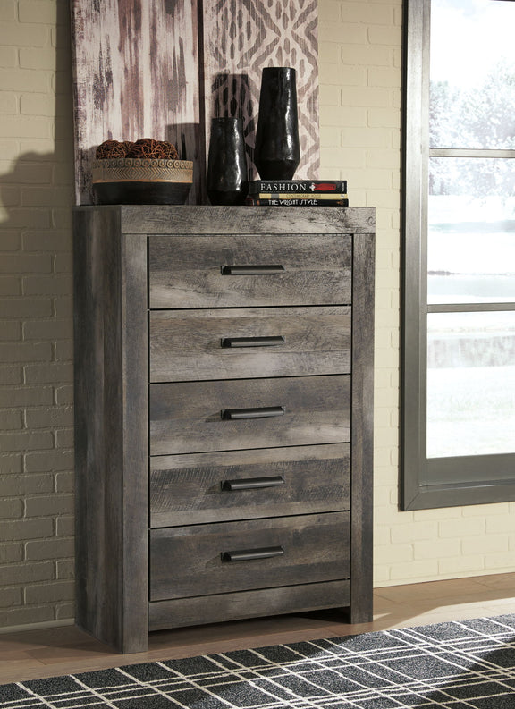 Gray five-drawer chest with black bar handles, full front drawer stack