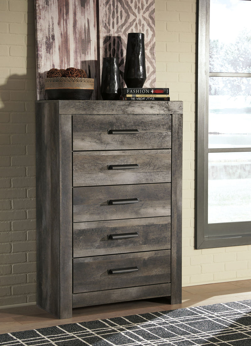Gray five-drawer chest with black bar handles, full front drawer stack