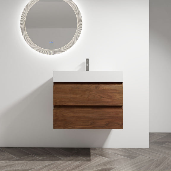 Light brown wall-mounted bathroom vanity with white sink and two drawer fronts