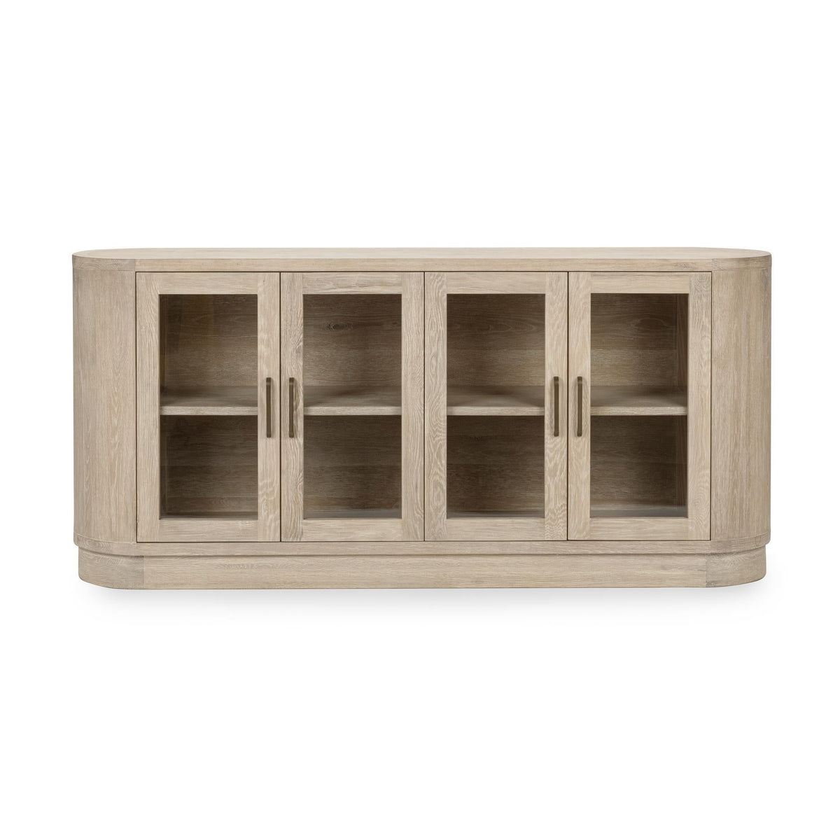 Cream washed 4-door buffet cabinet with glass-front doors and dark interior shelves