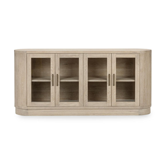 Cream washed 4-door buffet cabinet with glass-front doors and dark interior shelves