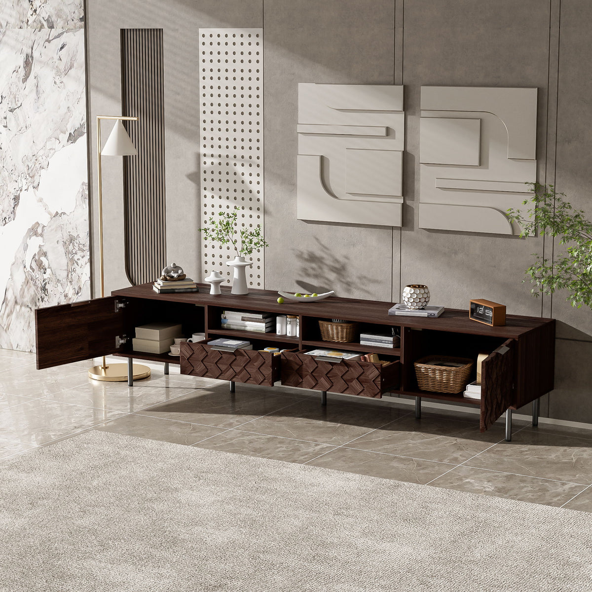 TV Stand For TVs Up To 85" With Closed Storage, Soft Closing Hinges, Living Room Entertainment Center - Walnut