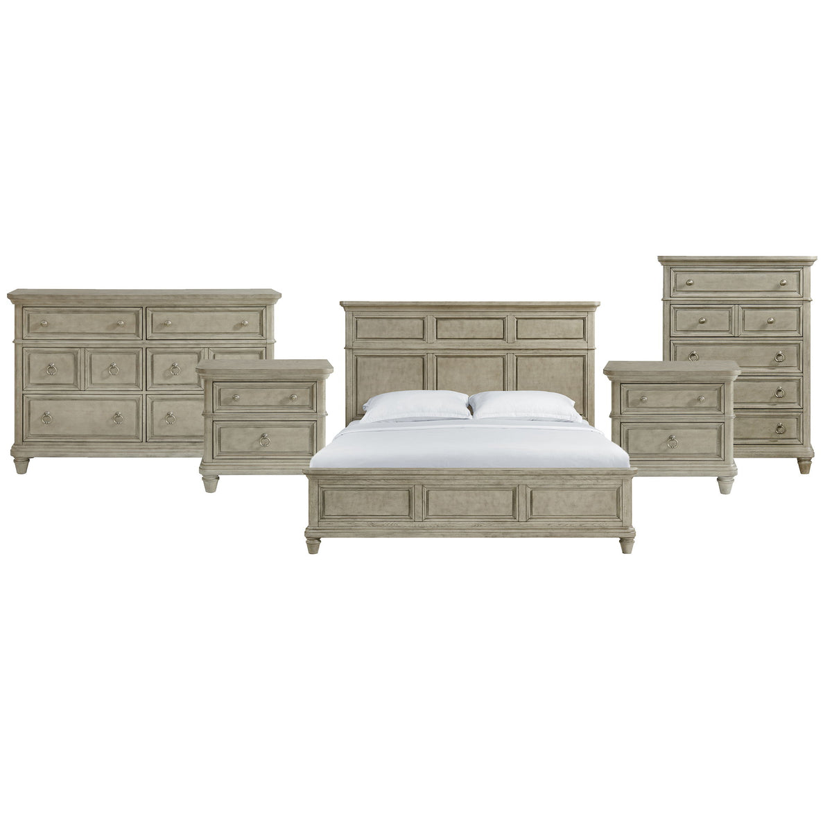 Whit-Ash panel bedroom set: light gray bed with two nightstands, plus dresser pieces