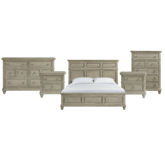 Whit-Ash panel bedroom set: light gray bed with two nightstands, plus dresser pieces