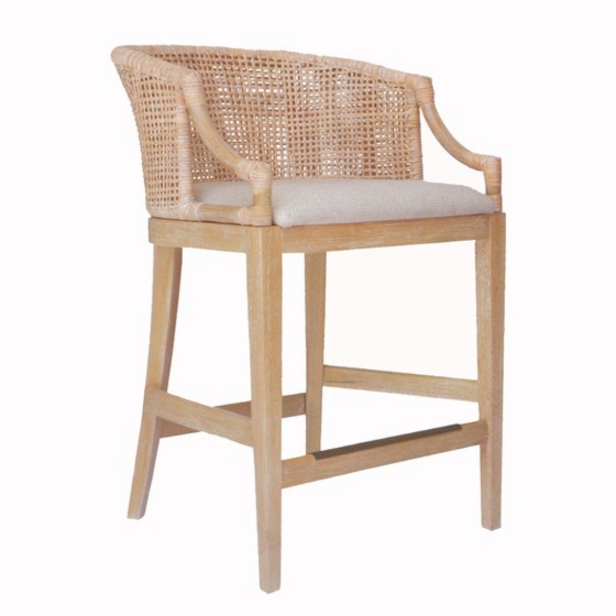 Light wood rattan counter stool with white cushion and arched armrests
