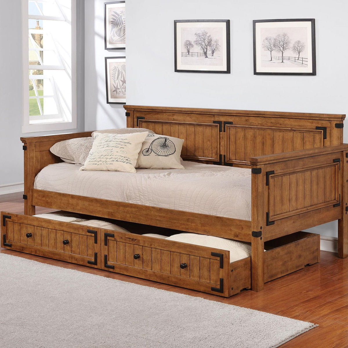 Oakdale Wood Twin Daybed with Trundle Rustic Honey