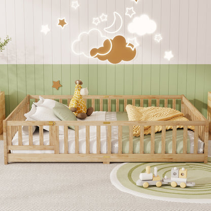 Queen Size Floor Bed with Fence, Door, Rubber Wood Floor Bed with Safety Guardrails, Natural