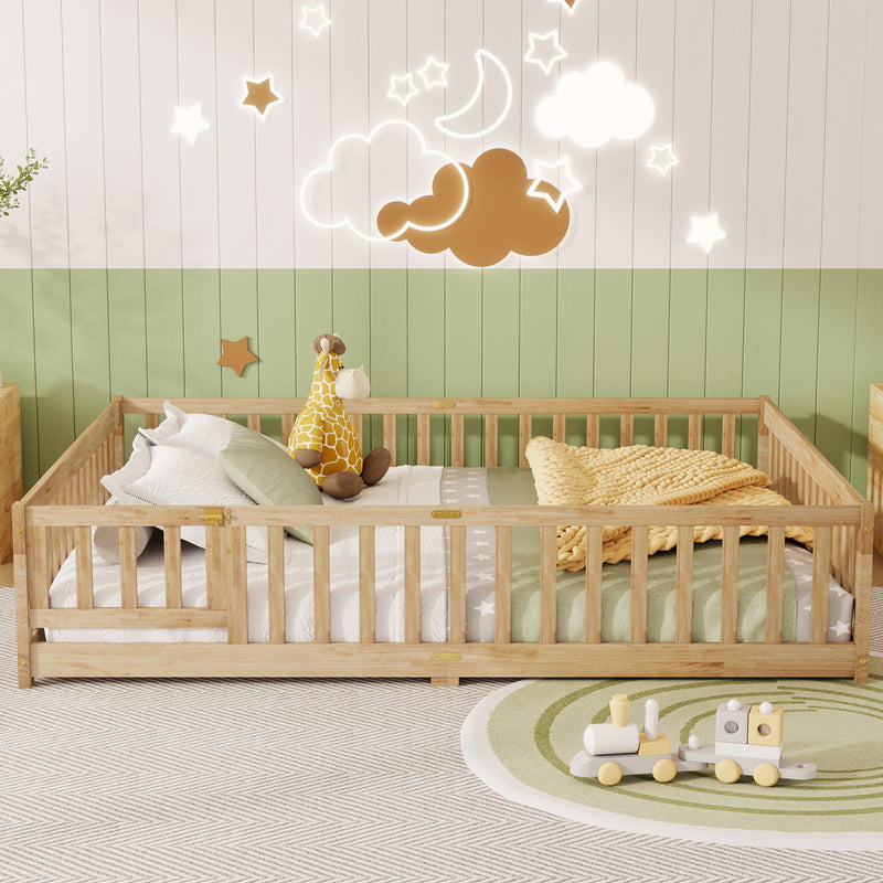 Queen Size Floor Bed with Fence, Door, Rubber Wood Floor Bed with Safety Guardrails, Natural