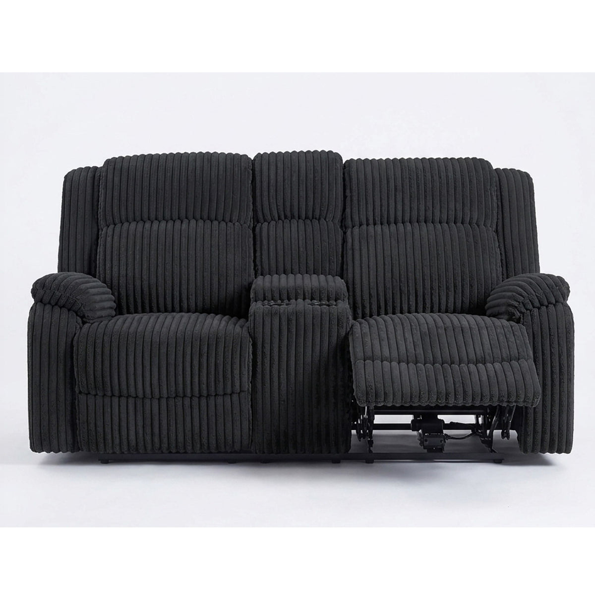 Black corded motion loveseat recliner with padded arm console and cup holder