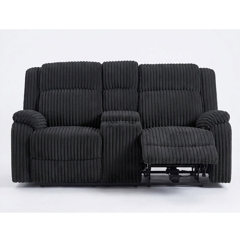 Black corded motion loveseat recliner with padded arm console and cup holder