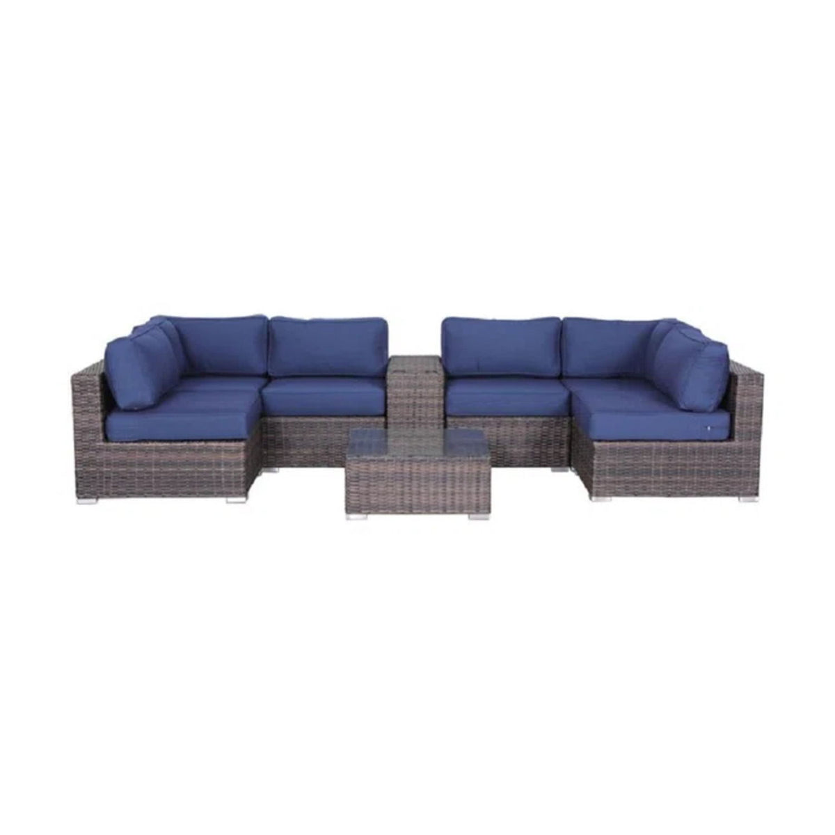 Dark brown wicker patio seating set with blue cushions and glass-top table
