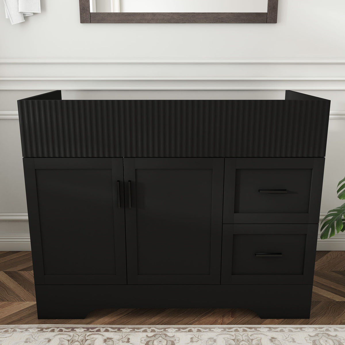 Black bathroom vanity with ribbed front, 2 doors and 2 drawers, bar handles