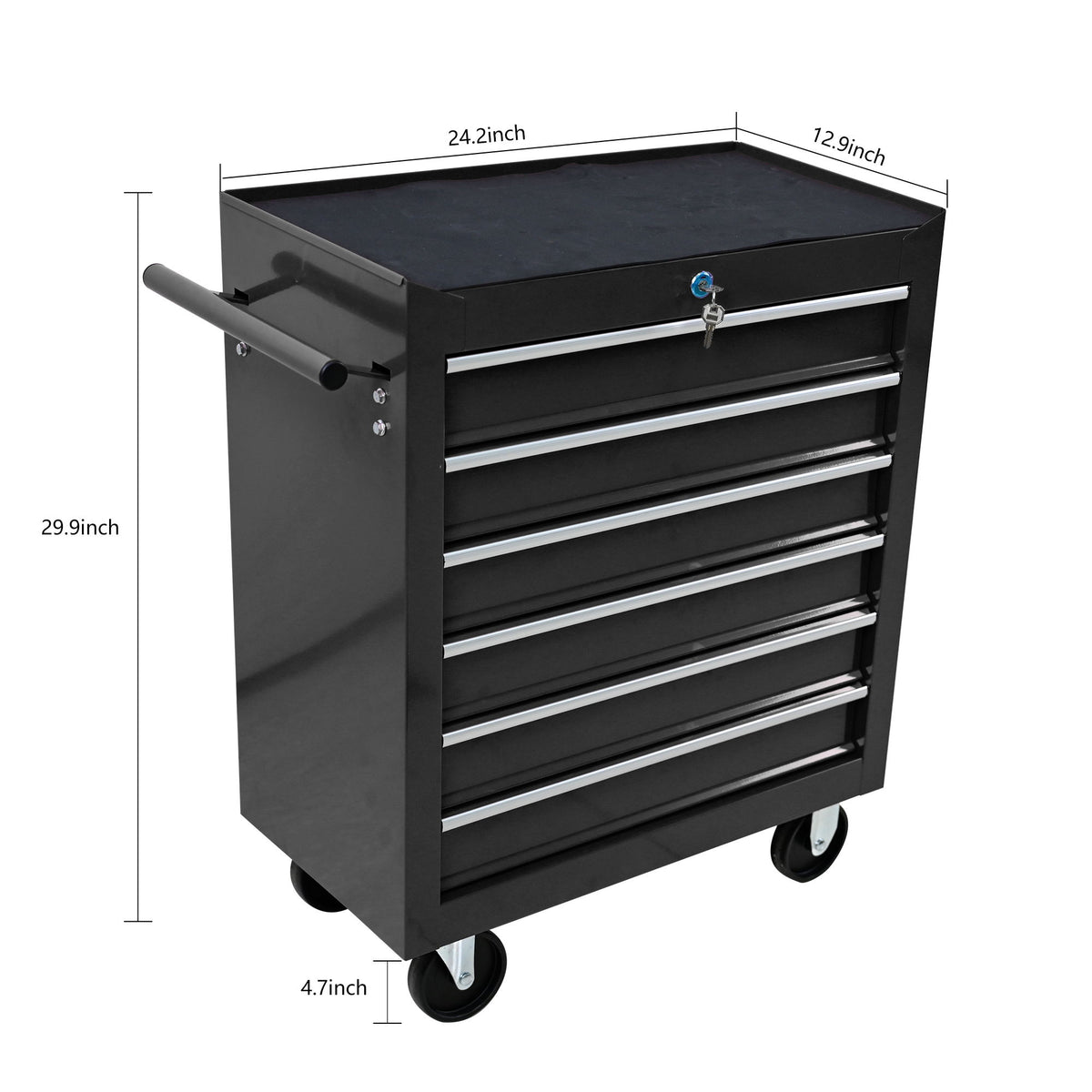 Black rolling tool cart with side view, pull handle, and five drawer compartments