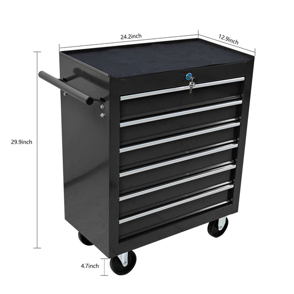Black rolling tool cart with side view, pull handle, and five drawer compartments